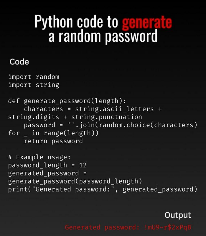 Python code to generate a random password morioh.com/a/a585776b45cd…

#python #programming #developer #programmer #coding #coder #softwaredeveloper #computerscience #webdev #webdeveloper #webdevelopment #pythonprogramming #pythonquiz #ai #ml #machinelearning #datascience