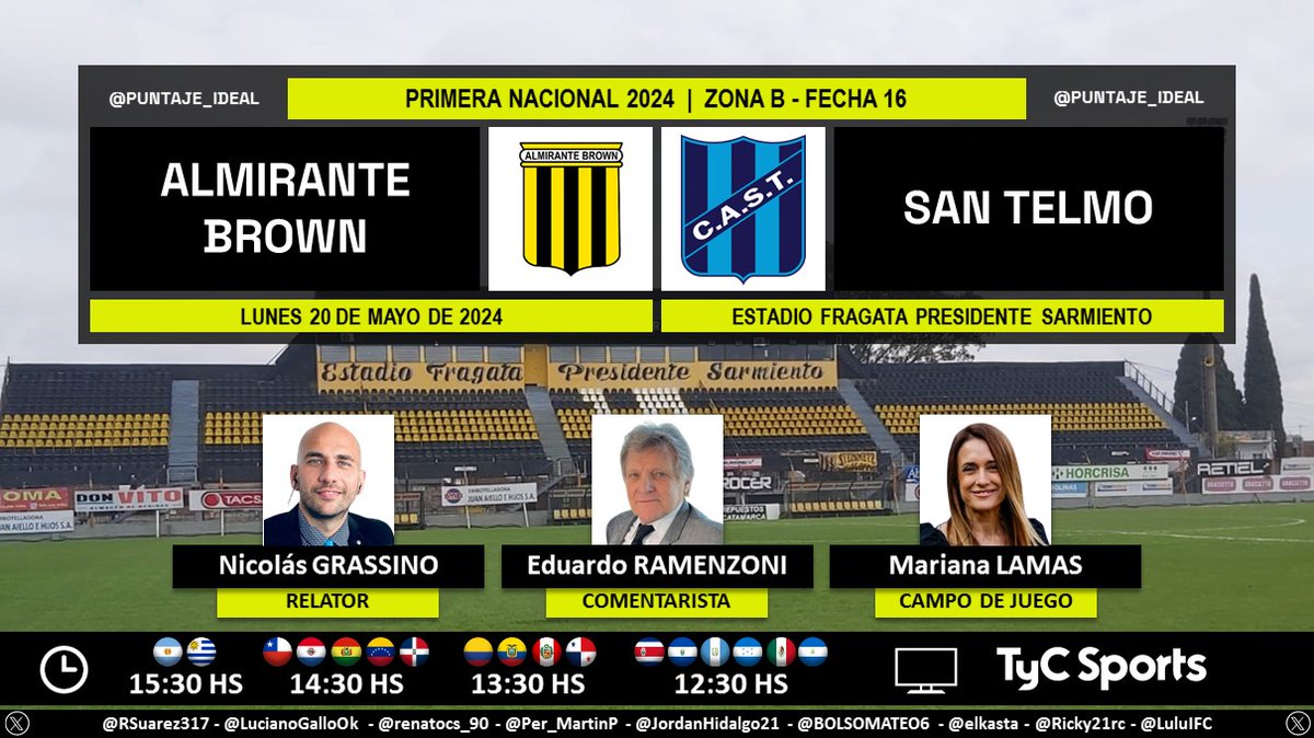 ⚽ #PrimeraNacional 🇦🇷 | #AlmiranteBrown vs. #SanTelmo 🎙 Relator: @NicoGrassino 🎙 Comentarista: @rusoramenzoniok 🎙 Campo de juego: @MarianaLamas 📺 @TyCSports 🇦🇷 y @TyCSports Internacional 💻📱 @TyCSportsPlay 🇦🇷 🤳 #NacionalEnTyCSports Dale RT 🔃