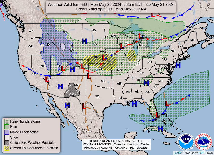 Severe thunderstorms will continue to be likely across the Central Plains into the Midwest on Monday. Thunderstorm development is also possible in portions of the Middle Mississippi Valley to Lower Michigan Monday afternoon. Gusty winds and low humidity will lead to critical fire