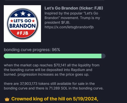 LetsGBrandonFJB's tweet photo. Hey there #Patriots! Less than 5% to go. So far, no paid marketing, just organic growth, 100% patriots! Are you joining the #MAGA train with $FJB on Sol? #LetsGoBrandon! #Byeden #Trump2024 #PatriotsUnite #FJB #JoeNeedsToGo https://t.co/PCSYBgekzP