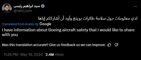 WallStreetMav's tweet photo. The last tweet Iranian President Ebrahim Raisi made before his helicopter trip. https://t.co/SUwnl5pU6x