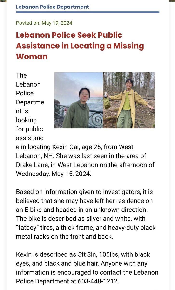 ATTENTION NEW ENGLANDERS: The Lebanon NH Police Department is looking for public assistance in locating Kexin Cai, age 26:
