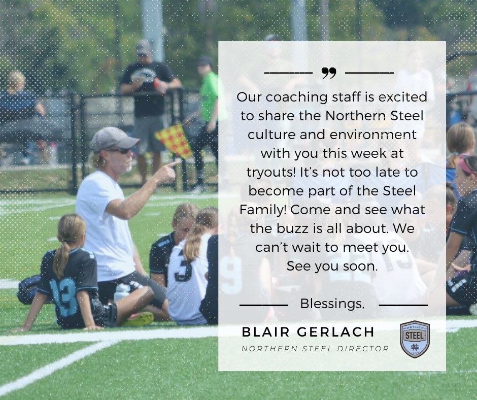 To all our players and families joining us at tryouts this week.. Here is a message from our Northern Steel Director, Blair Gerlach. 💬

We look forward to seeing you all this week! 

#SteelProud #NorthernSteel #SteelFamily