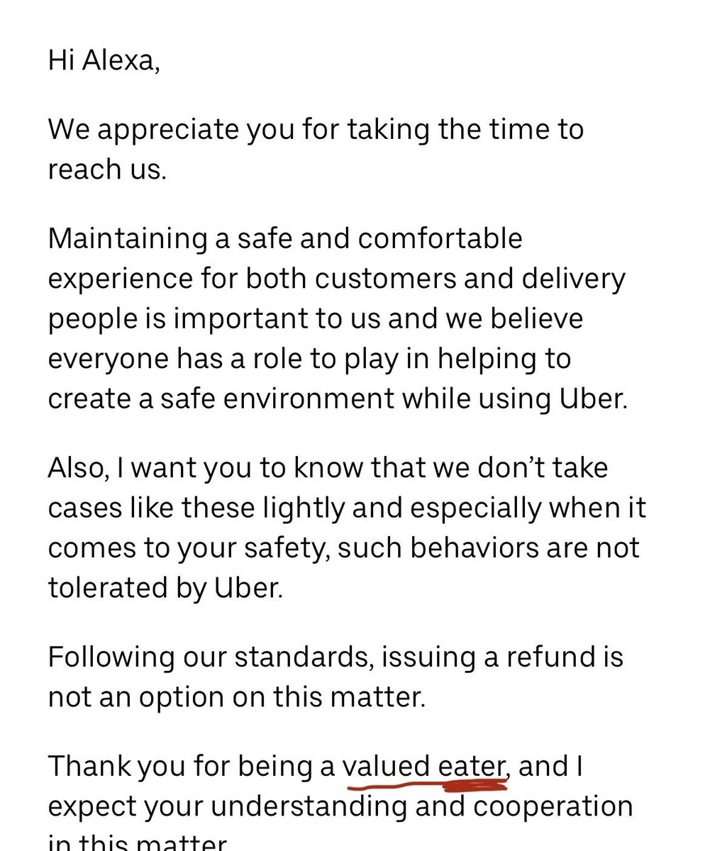 Not Uber eats calling me a valued “eater” today and refusing to refund me for an incorrect order 💀 I’m offended