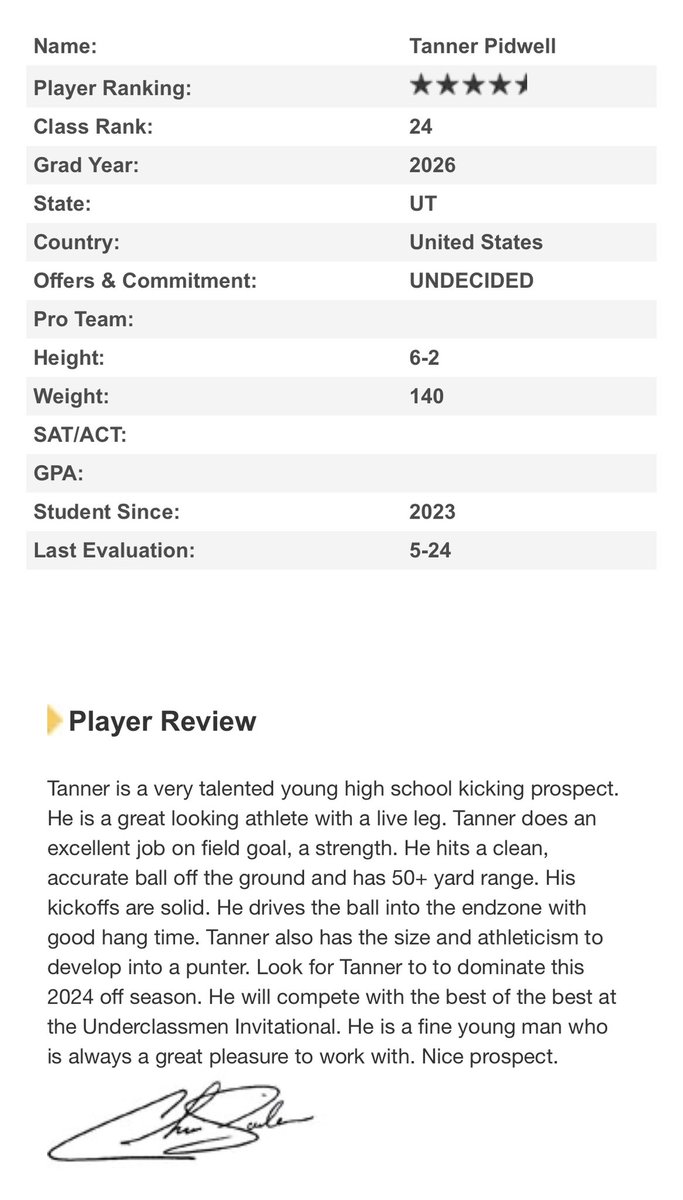Tanner Pidwell (@pidwelltanner) on Twitter photo I’m proud to be ranked a 4.5 star and 24th in the class of 2026! Thank you <a href="/Chris_Sailer/">Chris Sailer Kicking</a> and <a href="/RogueKicking/">Coach Jax / Rogue Kicking</a> for getting me here and pushing me to get better! I am working hard and will move up in the rankings!
<a href="/Josh_Montzingo/">Josh Montzingo</a> <a href="/ParkCityFtbl/">Park City Football</a> I’m proud to be ranked a 4.5 star and 24th in the class of 2026! Thank you <a href="/Chris_Sailer/">Chris Sailer Kicking</a> and <a href="/RogueKicking/">Coach Jax / Rogue Kicking</a> for getting me here and pushing me to get better! I am working hard and will move up in the rankings!
<a href="/Josh_Montzingo/">Josh Montzingo</a> <a href="/ParkCityFtbl/">Park City Football</a>