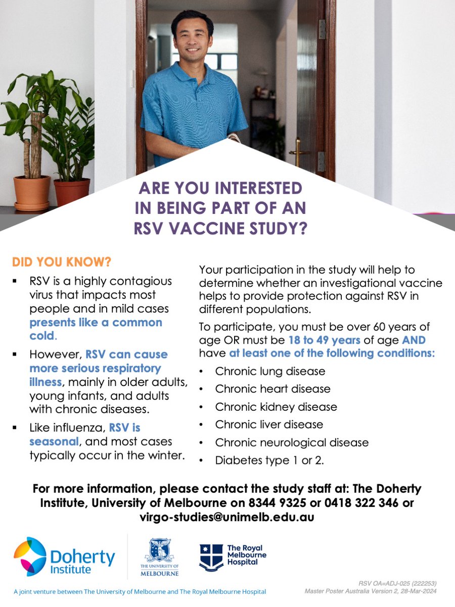 Are you interested in being part of an RSV vaccine study? Calling for study volunteers to help determine whether an investigational vaccine helps to provide protection against respiratory syncytial virus in different populations. doherty.edu.au/our-work/cross… @UniMelbMDHS @TheRMH