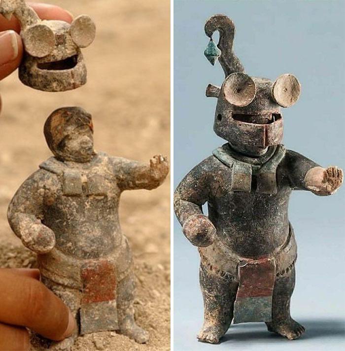 1,500-year-old ceramic Maya figurine with a removable helmet from El Perú-Waka, Peten, Guatemala