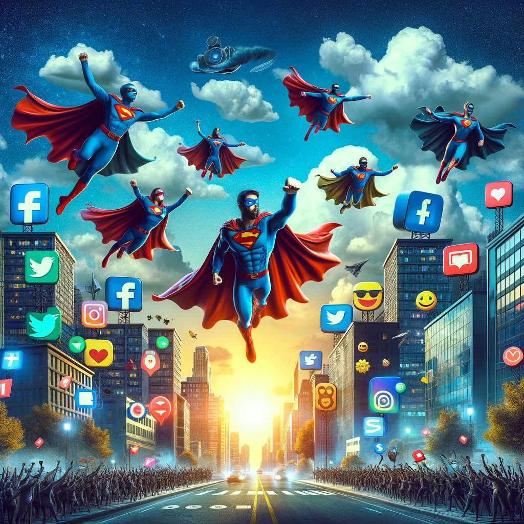 Superheroes of the digital world, saving the day one post at a time! 🌟💬✨ #SocialMediaHeroes #DigitalEra #OnlineSuperpowers #TechSavvy #VirtualVigilantes #Cityscape
