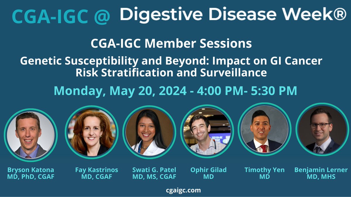 📢Are you planning your #DDW2024 sessions for tomorrow? Do you want to learn something abt #HereditaryGICancer to better serve your #patients? ➡️Join this session w/ our president #BrysonKatona & #members👇& #DanielleMirda & #ElsavanLiere 🗓️May 20⌚️4pm ET📍Room 101 #GITwitter