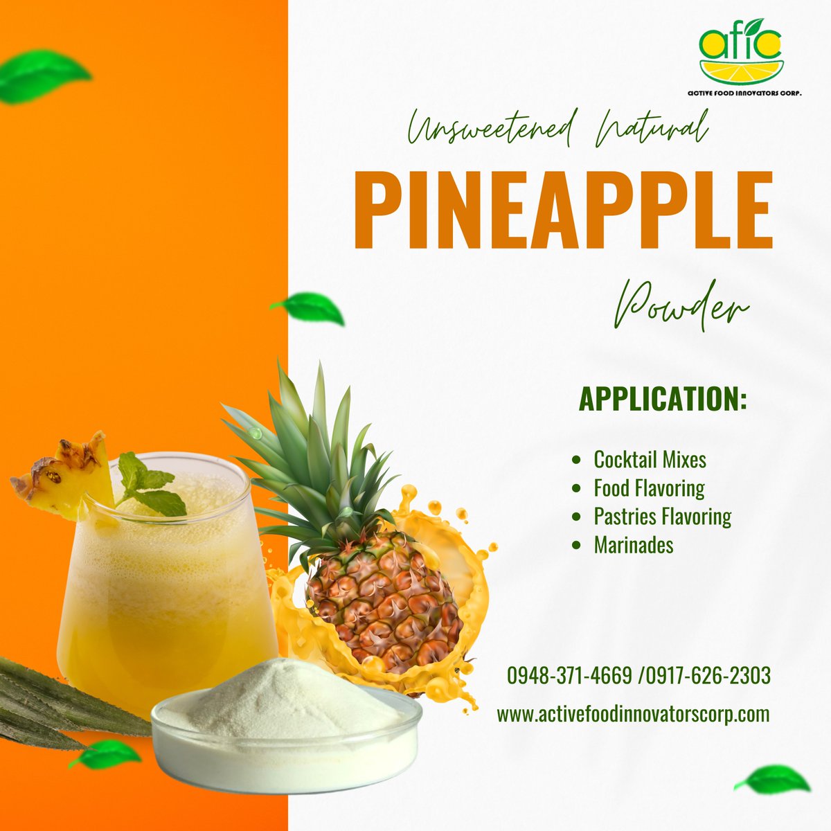 AFIC_official's tweet image. Enhance your favorite dishes and drinks with our high-quality pineapple powder, perfect for daily use. 🍍
#AFIC #UnsweetenedNaturalPowder #pineapplepowder #AvailableShopeeandLazada #homecooking #easyrecipes #pastriesflavoring #candyflavoring #condiments #foodflavoring