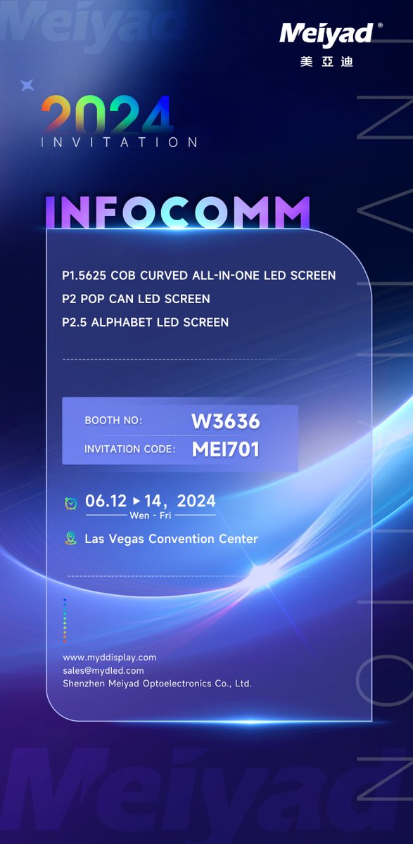 Join Meiyad at InfoComm 2024!
Meiyad will be at Booth W3636. You can experience firsthand our cutting-edge COB flexible all-in-one display solutions. Additionally, we will be unveiling our pop can led screen and letter logo led screen products. 

#InfoComm2024 #avTweeps #ProAV
