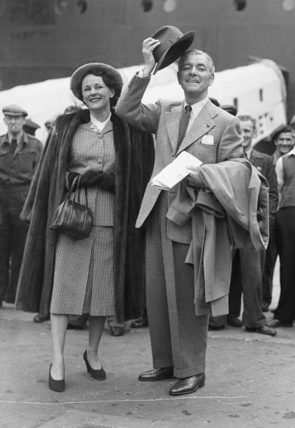 Ronald Colman and Benita Hume arrive at Southampton on board the Queen Elizabeth in May 1948, days before the British premiere of A DOUBLE LIFE.