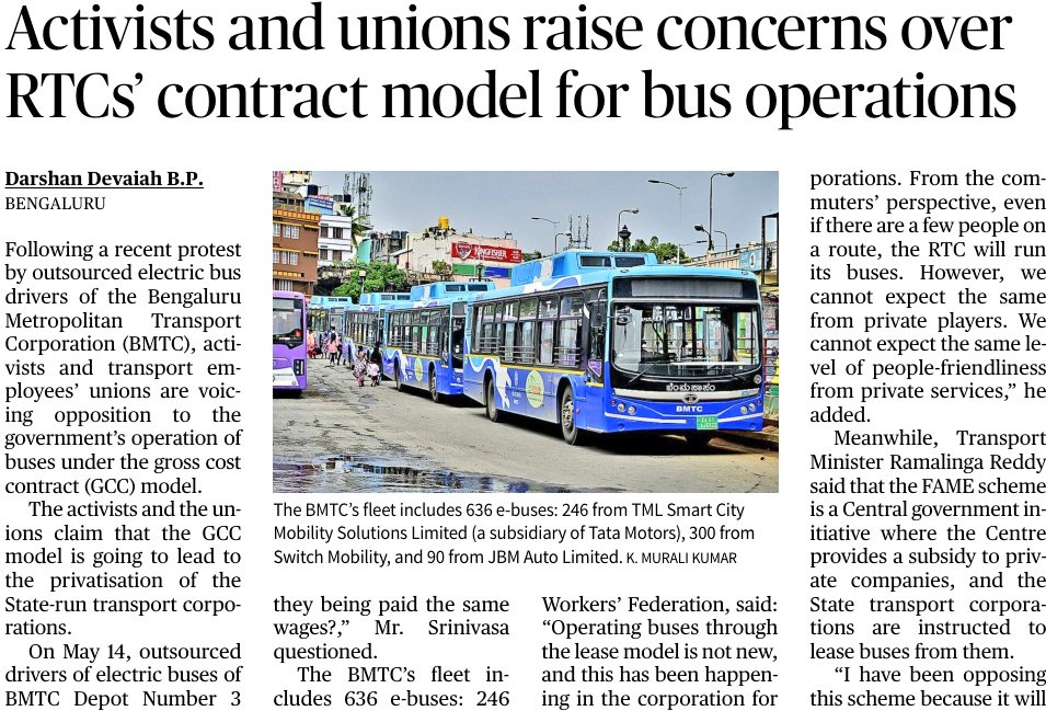 Transport activists and unions raise concerns over #Karnataka RTCs’ contract model for bus operations Read full article: thehindu.com/news/cities/ba…