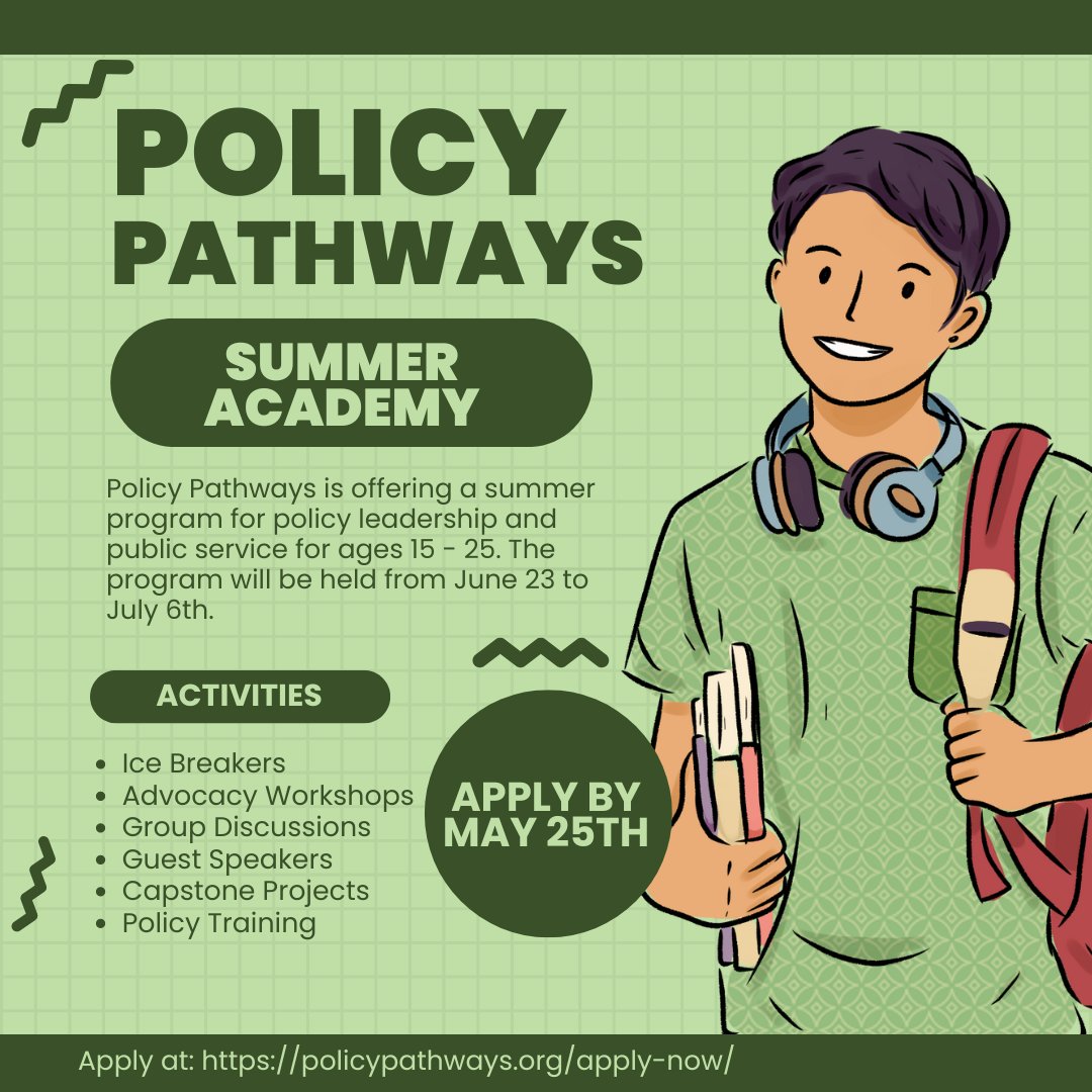 The Summer Academy deadline has been extended to May 25th!! This program is an opportunity for young people to build their resumes and collaborate with like-minded individuals. Apply at policypathways.org/apply-now/ We hope to see you there!