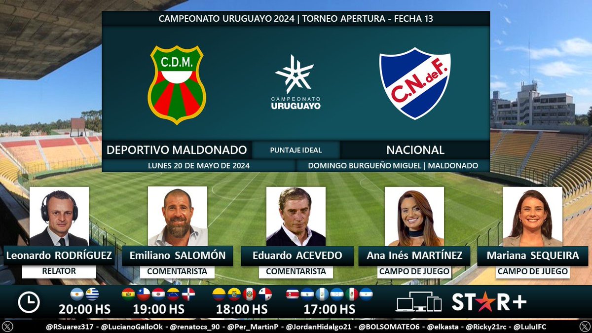 ⚽ #Apertura2024 🇺🇾 | #DeportivoMaldonado vs. #Nacional 🎙 Relator: @LeoRodriguez82 🎙 Comentaristas: @13emisal y Eduardo Acevedo 🎙 Campo de juego: @AnaInesMartinez y @msequeira86 💻📱 @StarPlusLA Latinoamérica 🤳 #CampeonatoUruguayo - #AUF - #ESPNenStarPlus Dale RT 🔃