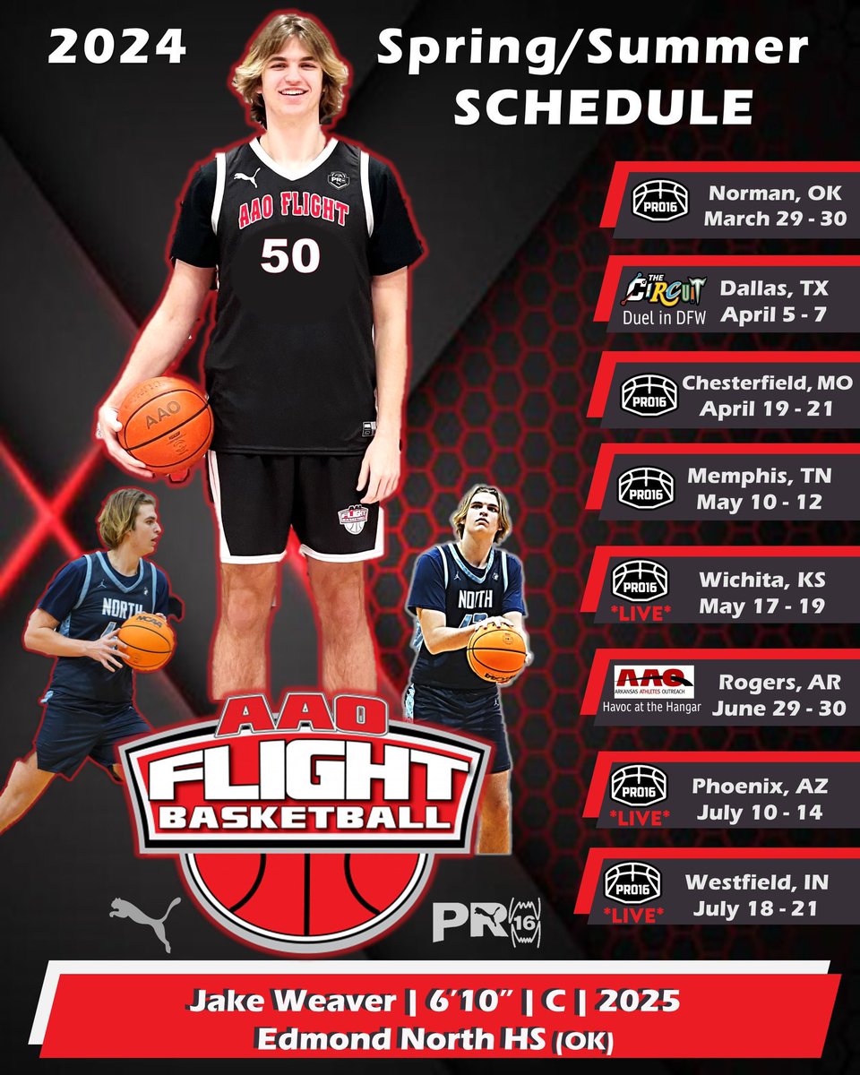 2025 @JakeWeaver50 is having a productive summer with @FlightAAO The 6’10 runs the floor well, is a high level passer, and has great touch and feel in the post. Plays extremely hard and has an elite level IQ. Coaches say they need size, well Jake checks a lot of boxes!