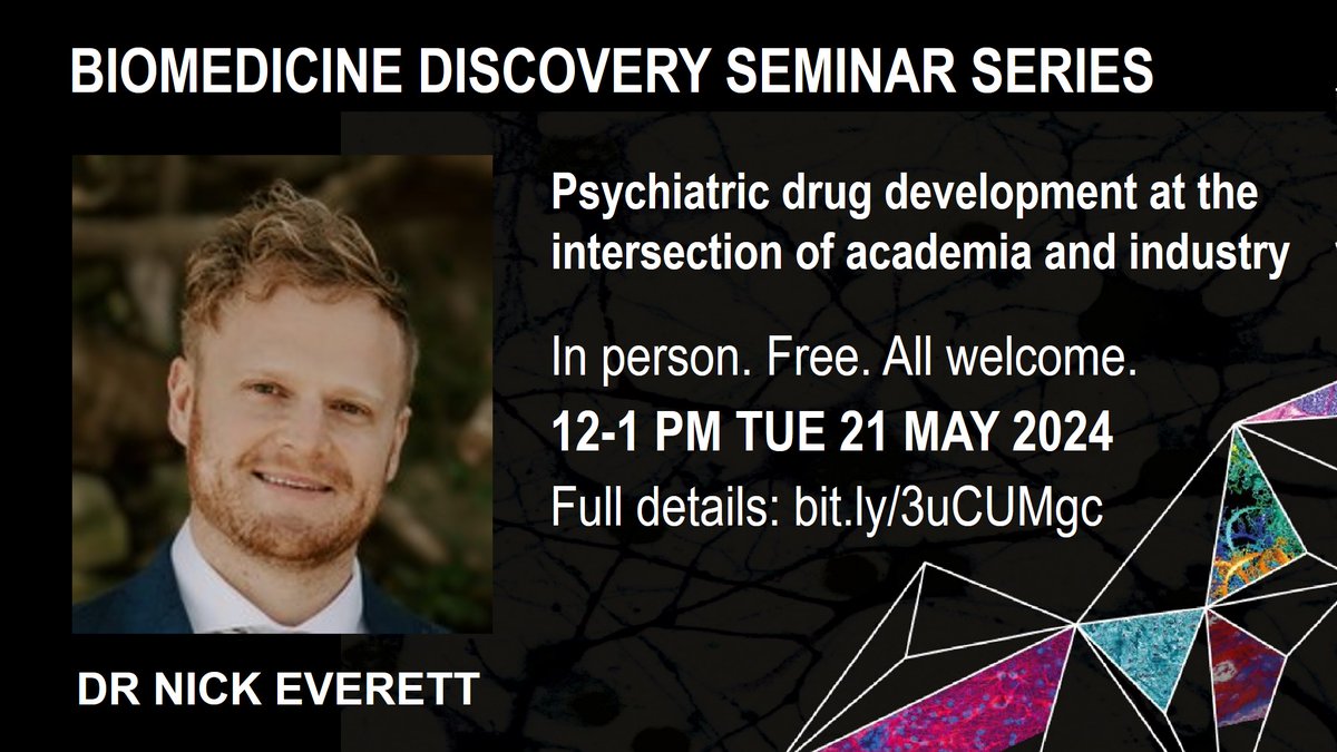Monash Biomedicine Discovery Institute (@monashbdi) on Twitter photo 📢Don't miss tomorrow’s BDI seminar!
𝗦𝗽𝗲𝗮𝗸𝗲𝗿: Dr Nicholas Everett <a href="/Neuronick/">Nicholas</a> <a href="/Sydney_Uni/">University of Sydney</a>
𝗧𝗼𝗽𝗶𝗰: Psychiatric drug development at the intersection of academia & industry
𝗪𝗵𝗲𝗻: Tue 21 May 2024 12-1pm. In person only.
See more: bit.ly/3uCUMgc <a href="/ClaireFoldi/">Claire Foldi</a> 📢Don't miss tomorrow’s BDI seminar!
𝗦𝗽𝗲𝗮𝗸𝗲𝗿: Dr Nicholas Everett <a href="/Neuronick/">Nicholas</a> <a href="/Sydney_Uni/">University of Sydney</a>
𝗧𝗼𝗽𝗶𝗰: Psychiatric drug development at the intersection of academia & industry
𝗪𝗵𝗲𝗻: Tue 21 May 2024 12-1pm. In person only.
See more: bit.ly/3uCUMgc <a href="/ClaireFoldi/">Claire Foldi</a>