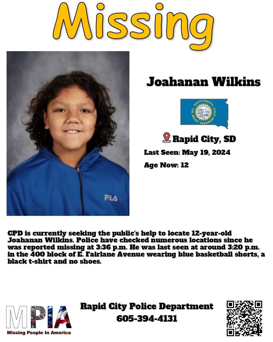 #MissingChild Joahanan Wilkins, 12,  last seen May 19, 2024 around 3:20pm in the 400 block of E. Fairlane Ave wearing blue basketball shorts, black T-shirt and no shoes. #RapidCitySD #MissingSouthDakota #Repost