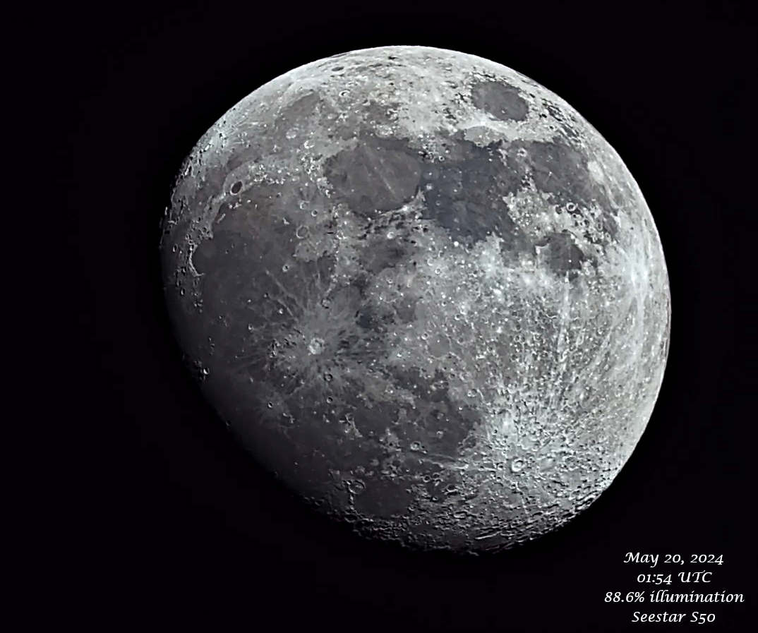 Tonight's 88.6% moon taken with @Seestar_astro #Astrophotography #MoonHour #ZWO