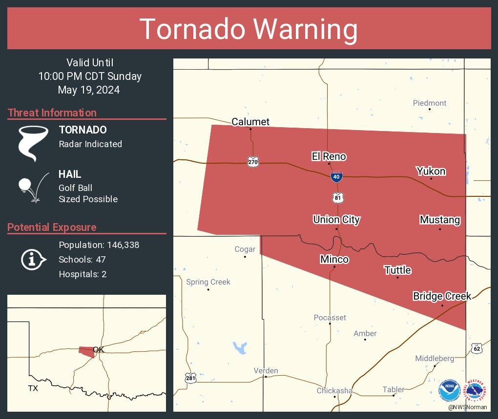 Tornado Warning including Yukon OK, Mustang OK and El Reno OK until 10:00 PM CDT