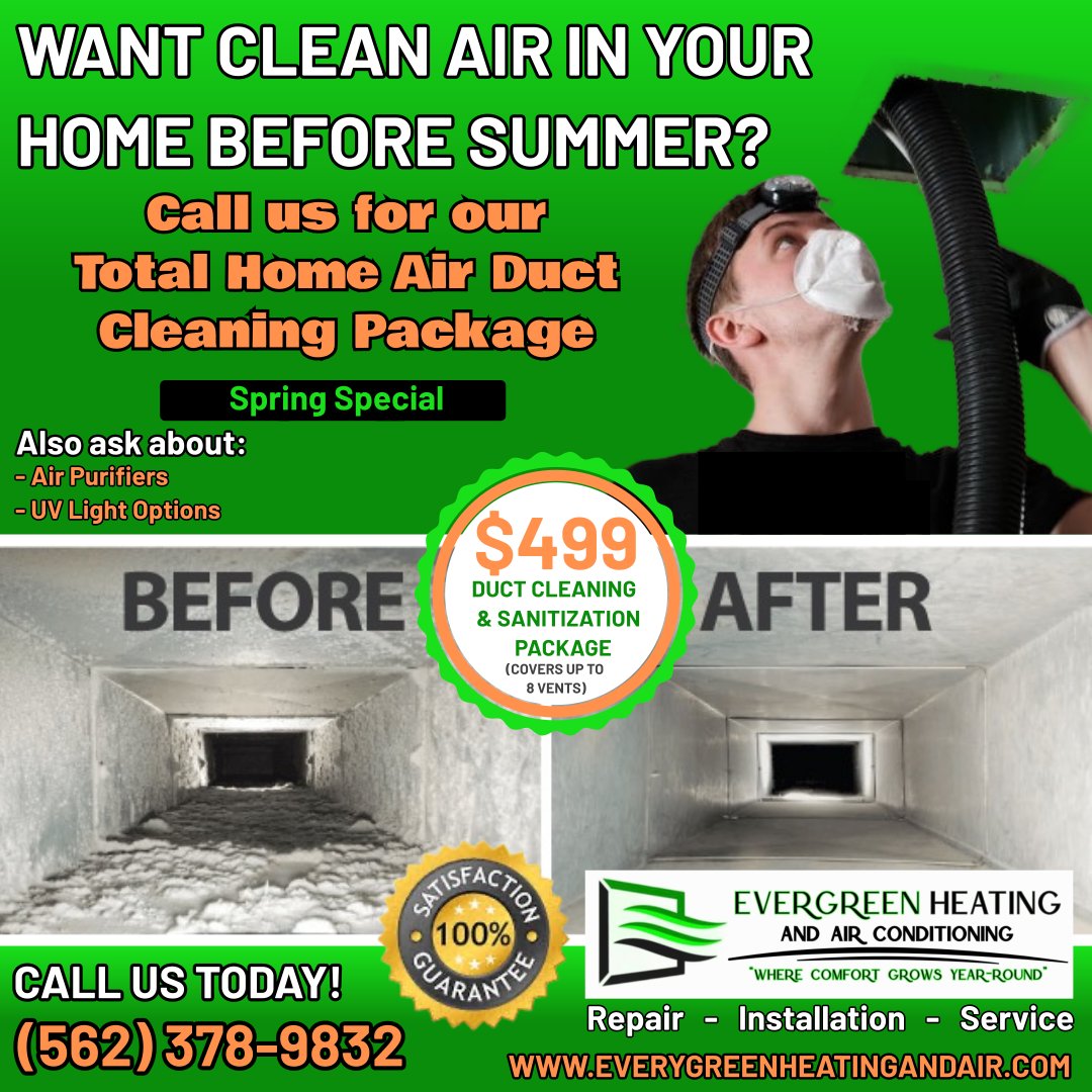 'Dust Bunnies Beware-We're coming for you! Breathe Easy this Summer with our Air duct Cleaning Special!' Call or Text Today! (562)378-9832 or check out our website at everygreenheatingandair.com #Airductcleaning #Cleanducts #Dirtyducts