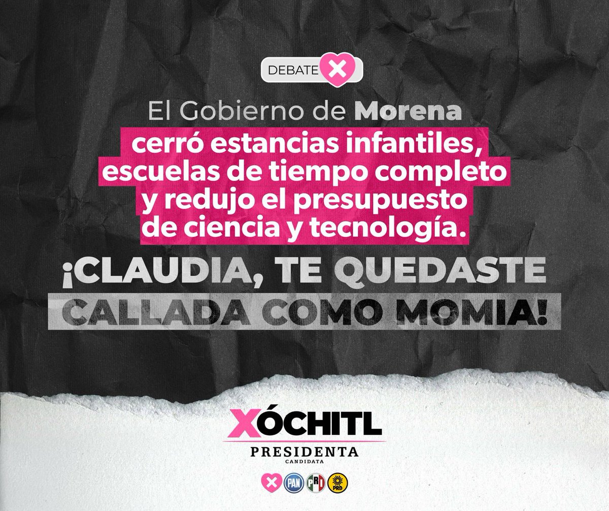 La candidata de las mentiras, fría como siempre, y obediente a las órdenes de su jefe, calló como momia cuando su partido cerró estancias infantiles, escuelas de tiempo completo y redujo el presupuesto de ciencia y tecnología.

#XóchitlGálvezPresidenta