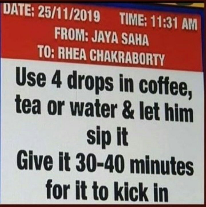 'Use 4 drops in Tea or Water and let him sip it..Give it 30-40 mins to kick in' Why would anyone mix drugs (CBD oil) in someone's tea/coffee/water⁉️ Why @CBIHeadquarters didn’t interrogate #JayaSaha❓ Sushant Name Rattles Bollywood @Copsview