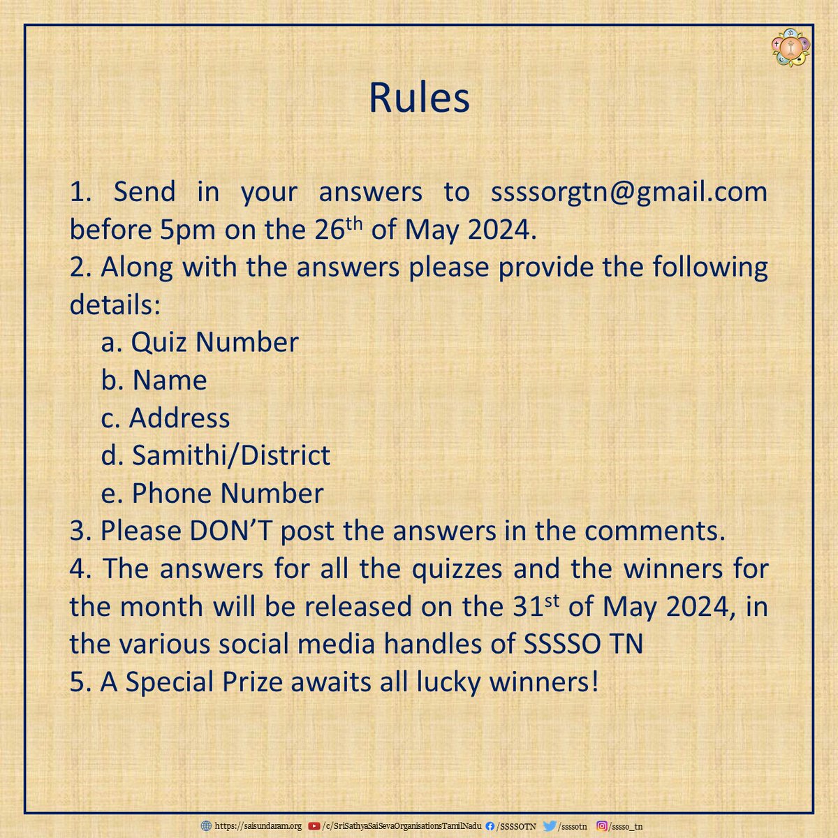 ssssotn's tweet photo. நாம் அனைவரும் இம்மாதம் ஸனாதன ஸாரதி படித்தோமா? இதோ ஒரு சிறிய வினாடி வினா!
மே 2024 | வினாடி வின�� #2
தொடர்ச்சியாக ஸனாதன ஸாரதி பெறுவதற்குhttps://t.co/HMOA2maFUT என்ற வலைத்தளத்தில் பதிவு செய்து கொள்ளுங்கள்.
May 2024| Quiz #2
#SriSathyaSai #SathyaSaiBaba #SanathanaSarathi #SSSBPT https://t.co/VcpV6PVGWm