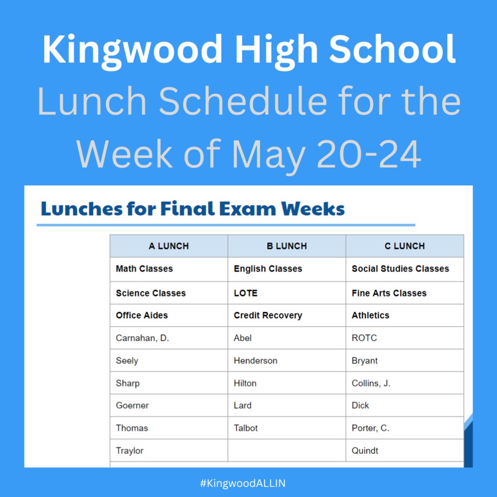 Check with the Schedule for the Week to know what period lunch will be. Monday, lunch is during 5th period.