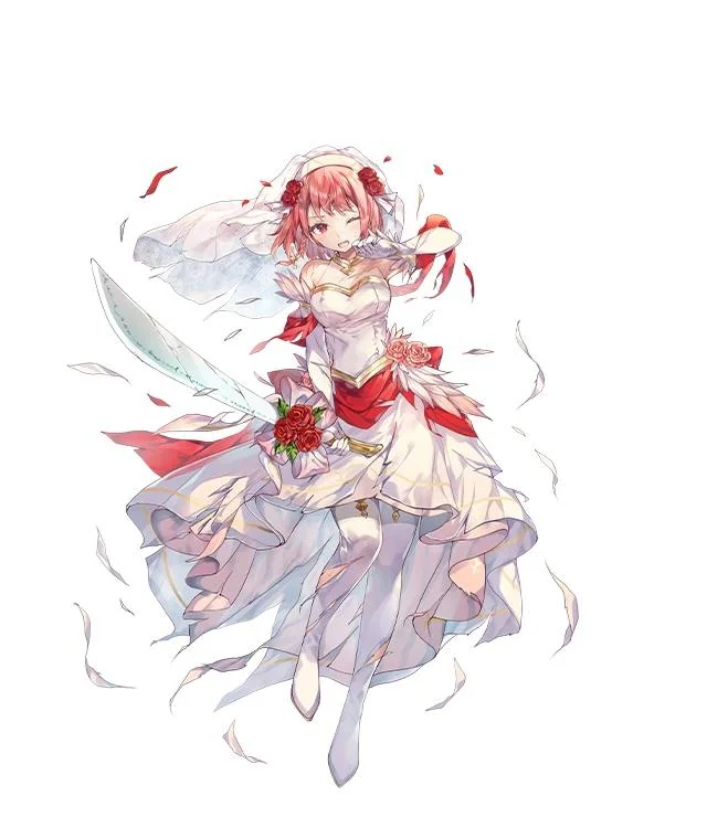 Full Artwork of Bride Lapis
The artist is Miwabe Sakura @/sakurapion

She can act as a warp beacon for allies in 5 spaces. 

If she fails to kill a foe, then she puts [Share Spoils] status on them, which allows any other ally to kill them and get GALEFORCE!