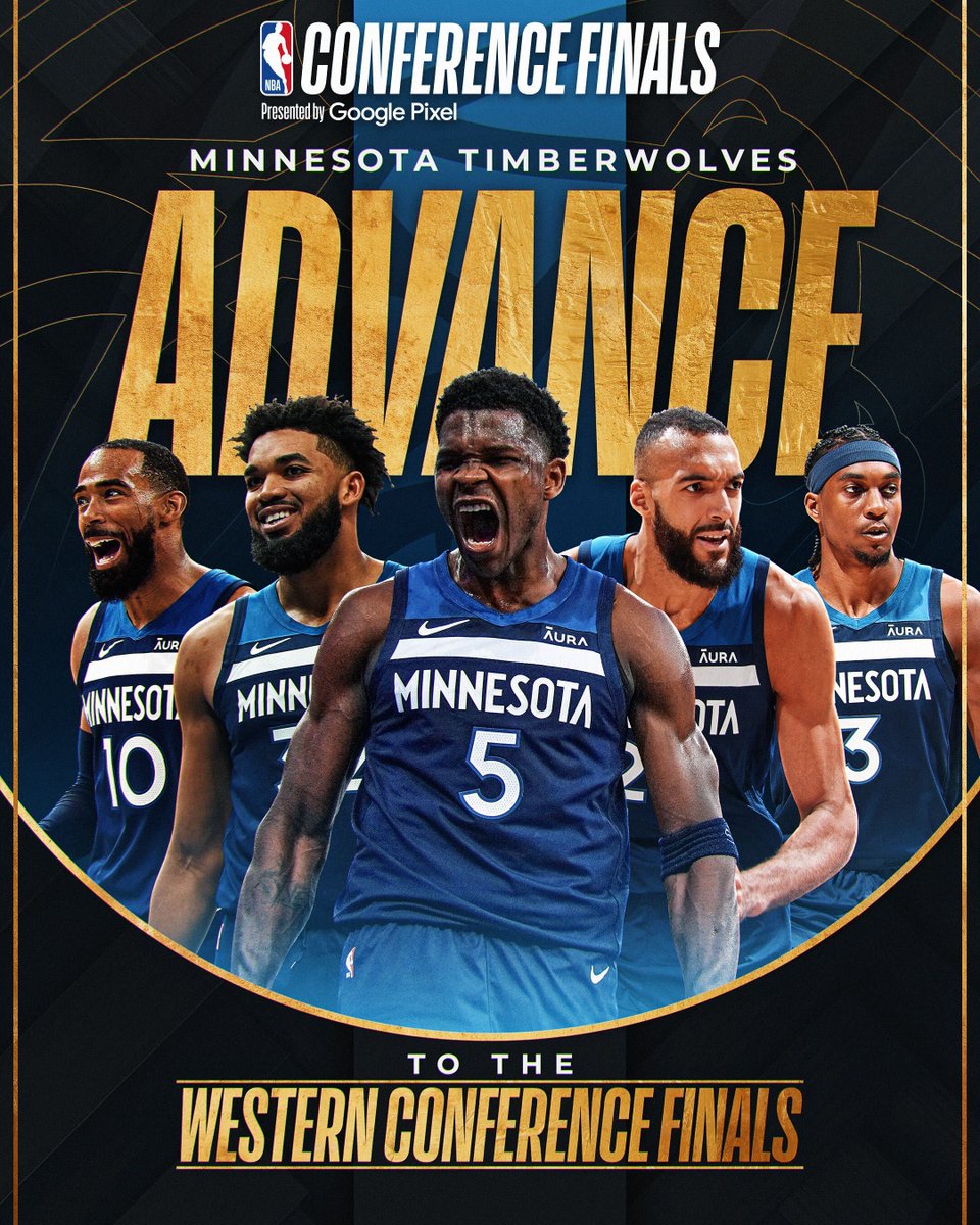 NBA (@nba) on Twitter photo The <a href="/Timberwolves/">Minnesota Timberwolves</a> advance to the Western Conference Finals!
#NBAConferenceFinals presented by Google Pixel The <a href="/Timberwolves/">Minnesota Timberwolves</a> advance to the Western Conference Finals!
#NBAConferenceFinals presented by Google Pixel