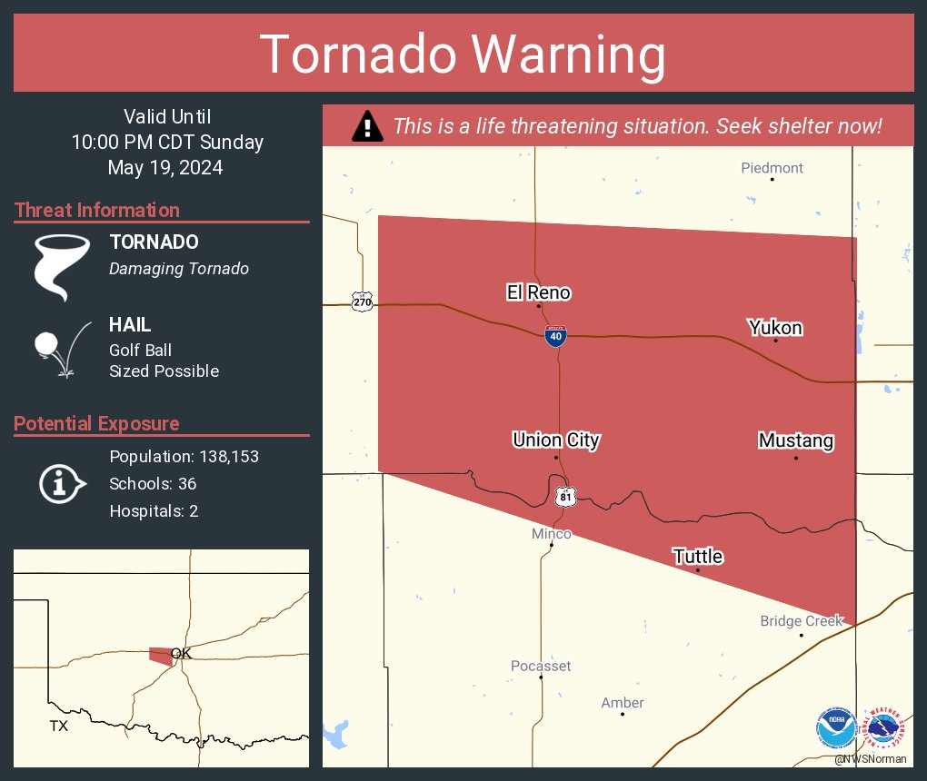 Tornado Warning continues for Yukon OK, Mustang OK and El Reno OK until 10:00 PM CDT