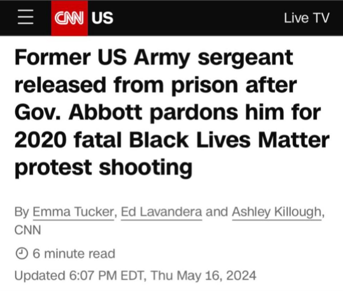 Former US Army sergeant released from prison after Gov. Abbott pardons him for 2020 fatal Black Lives Matter Protest shooting!!!!