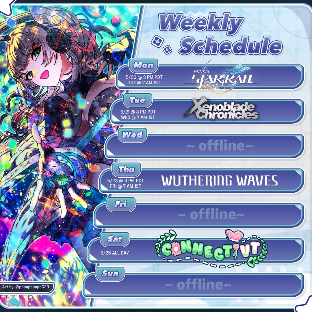 💠Weekly Schedule 5.20.2024💠
My Mental Health Awareness Month 2024 event is this week! Be sure to join us for the panels and charity concert~

🎨: #popopopopo623
Fanart: #Kamiscribble #神スクリブル
Fandom: #RKangel #RKエンジェル
Memes: #KaMEME #カミーム