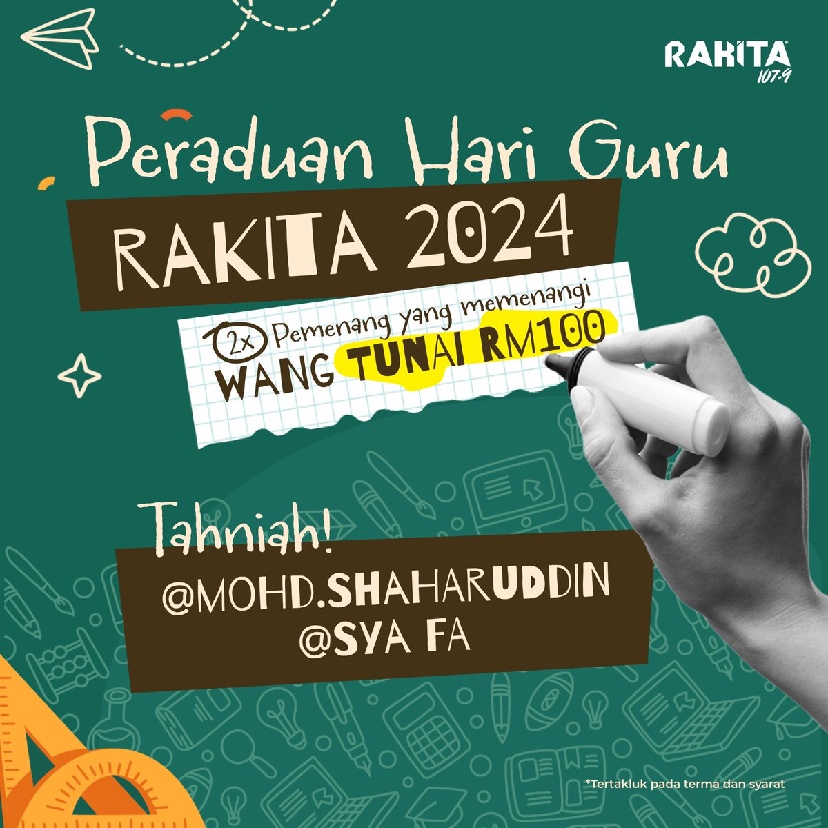 Terima kasih cikgu! Tahniah kepada pemenang-pemenang contest istimewa hari guru minggu lepas! 👩🏻‍🏫🧑🏻‍🏫 🎟️: 2 Pemenang Bertuah memenangi RM 100 seorang