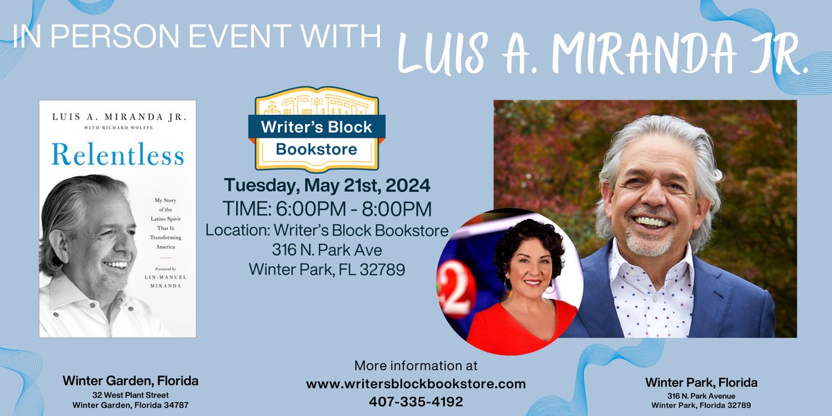 Nancy Alvarez (@nancyalvareztv) on Twitter photo Looking forward to this conversation w/ <a href="/Vegalteno/">Luis A. Miranda, Jr.</a> about his new book- Relentless. His story is a testament to the Latino spirit.
Join us Tuesday at <a href="/WritersBlockWP/">Writer’s Block Bookstore</a>!
<a href="/HispanicFed/">Hispanic Federation</a> <a href="/Lin_Manuel/">Lin-Manuel Miranda</a> #orgullolatino 🇵🇷 🇨🇺 Looking forward to this conversation w/ <a href="/Vegalteno/">Luis A. Miranda, Jr.</a> about his new book- Relentless. His story is a testament to the Latino spirit.
Join us Tuesday at <a href="/WritersBlockWP/">Writer’s Block Bookstore</a>!
<a href="/HispanicFed/">Hispanic Federation</a> <a href="/Lin_Manuel/">Lin-Manuel Miranda</a> #orgullolatino 🇵🇷 🇨🇺