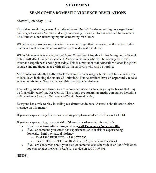 Statement on Sean Combs Domestic Violence revelations