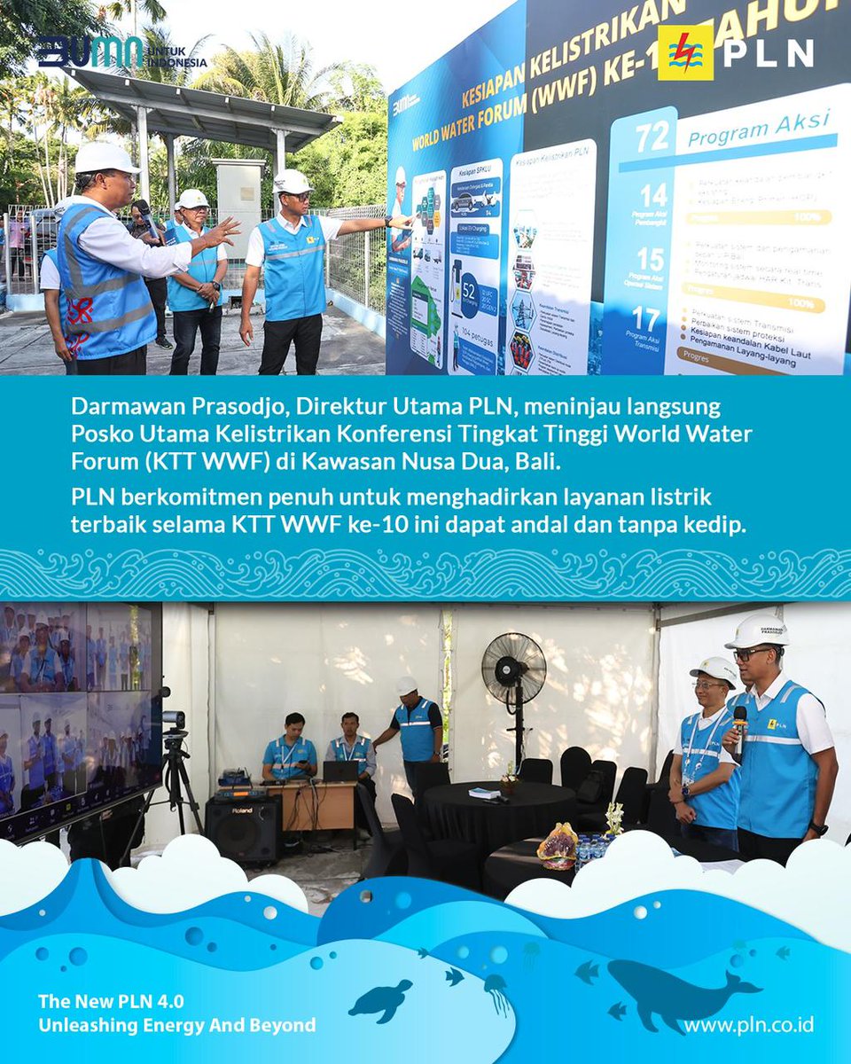 _pln_id's tweet photo. Electrizen, Direktur Utama PLN meninjau langsung Posko Utama Kelistrikan untuk memastikan pasokan listrik yang andal dan tanpa kedip demi menyukseskan gelaran Konferensi Tingkat Tinggi (KTT) World Water Forum (WWF) ke-10 di Bali pada 18 - 25 Mei 2024. 

#KTTWWF2024 https://t.co/tfrT1VG9vR