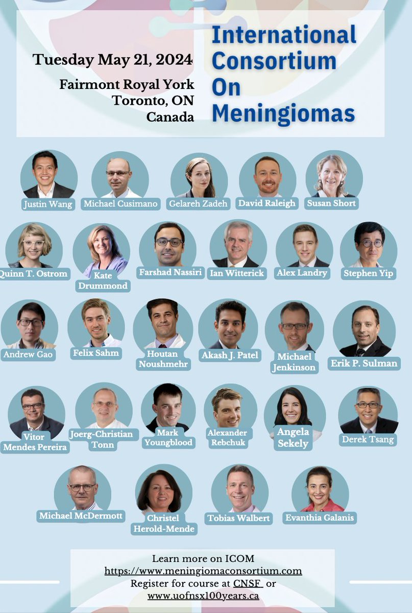 Eight years after the 1st @ICOMeningioma #scientific meeting, the meeting returns to @Toronto outstanding line up of #world class speakers, #science #research #clinicalcare If you want to learn more about #MENINGIOMA Register 👇uoftnsx100years.ca/courses/icom