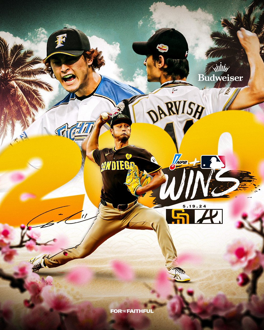 Milestone graphic celebrating Yu Darvish's 200 wins across NPB and MLB. The top half of the graphic features a blue sky with white clouds and palm trees. The bottom half of the graphic features sand and cherry blossoms. In the center of the graphic, large yellow text reads 