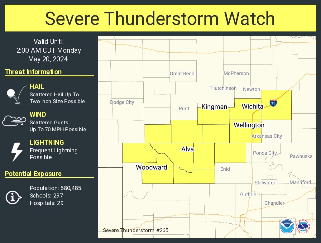 A severe thunderstorm watch has been issued for parts of Kansas and Oklahoma until 2 AM CDT