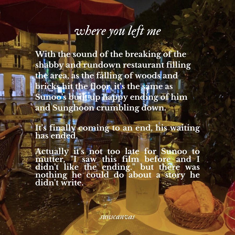 sunscanvas's tweet image. 𝒘𝒉𝒆𝒓𝒆 𝒚𝒐𝒖 𝒍𝒆𝒇𝒕 𝒎𝒆.

❥ #sunsun fic.
❥ one-shot, rated G.
❥ 7.2k words.
❥ inspired by a taylor swift song, no proper break up, sunoo waited for ten years, emotional hurt no comfort, angst.
❥ ao3.org/works/55021387