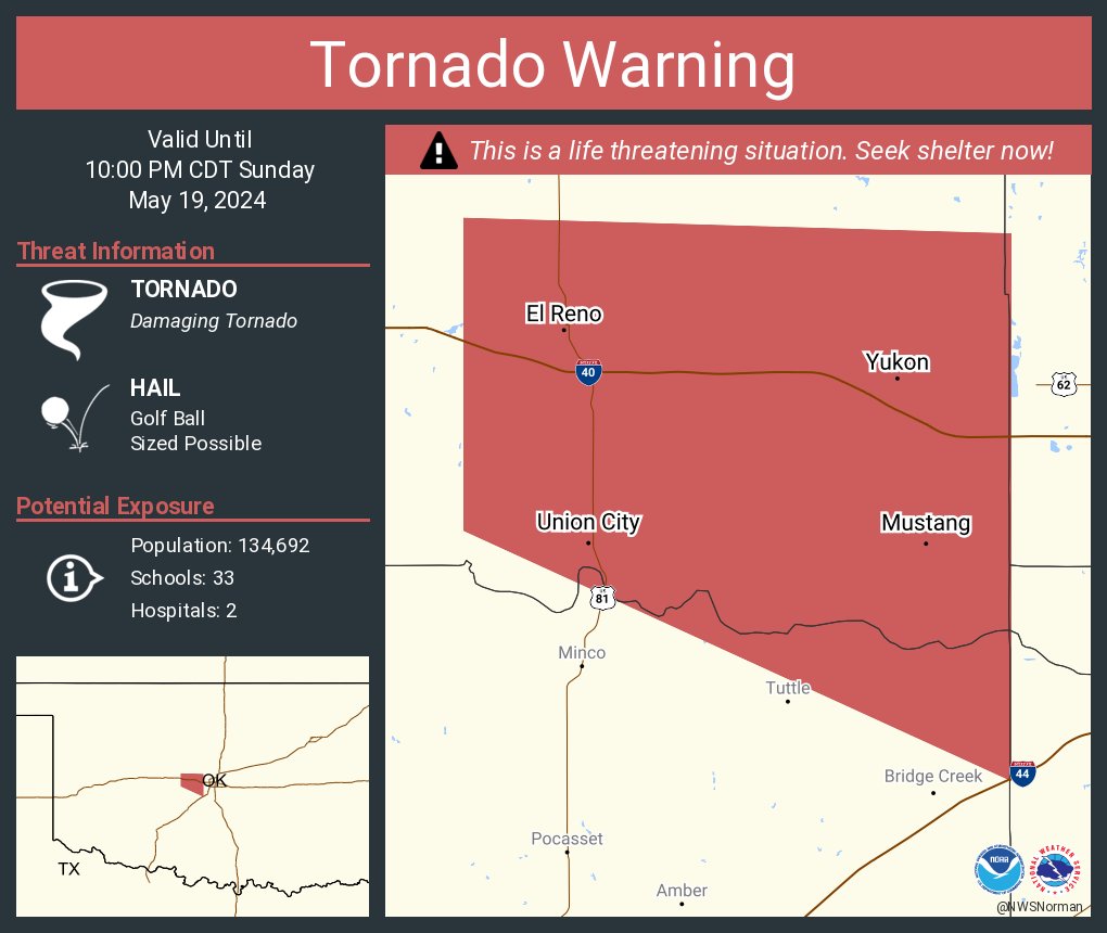 Tornado Warning continues for Yukon OK, Mustang OK and El Reno OK until 10:00 PM CDT