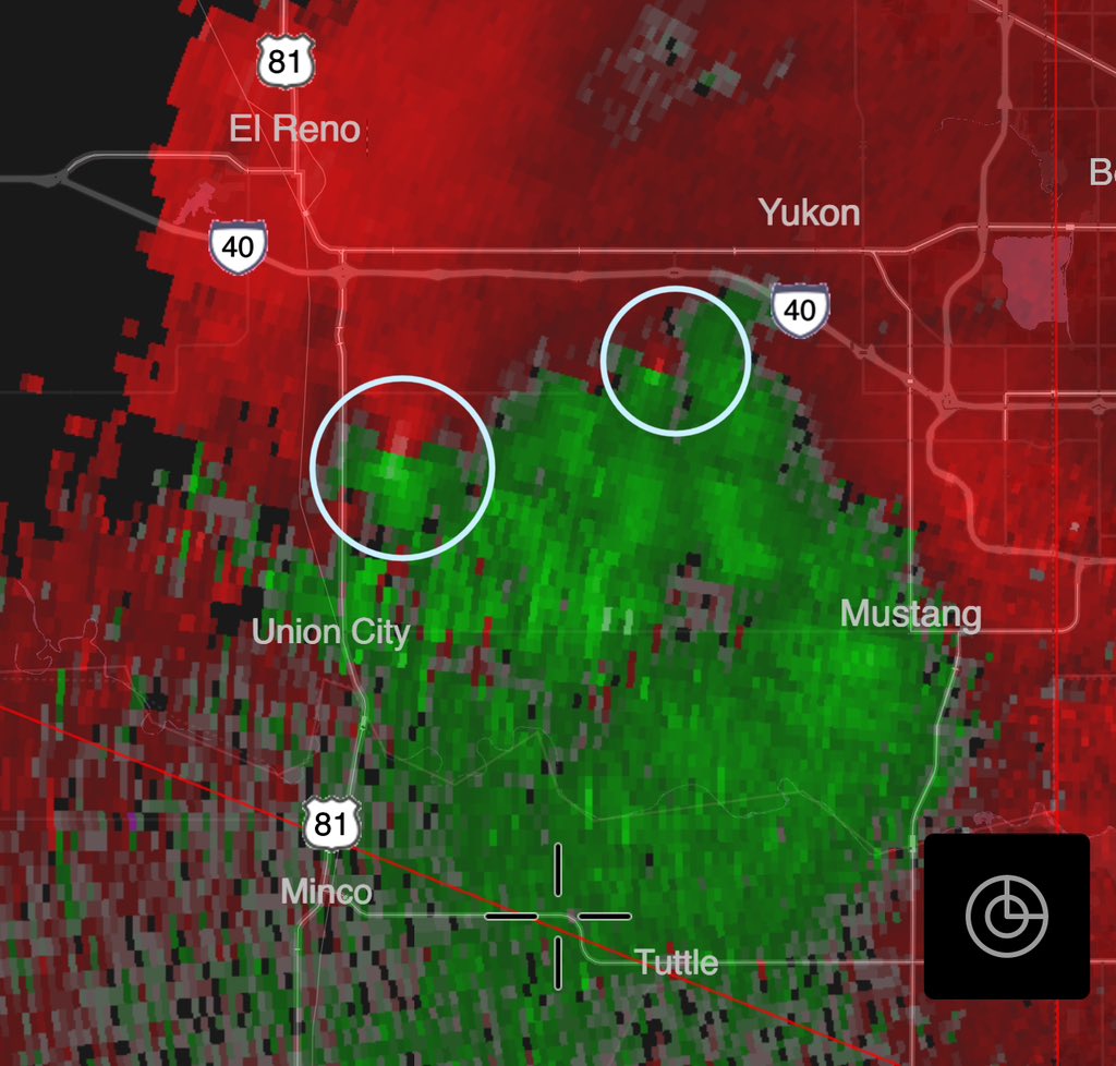 Now likely TWO tornadoes on the west side of OKC. The northeast one, which is approaching the Yukon exits of I-40, is a powerful stovepipe. It may weaken soon. North of Union City, it appears a second tornado is incipient or occurring. Wild storm-scale evolutions. @MyRadarWX