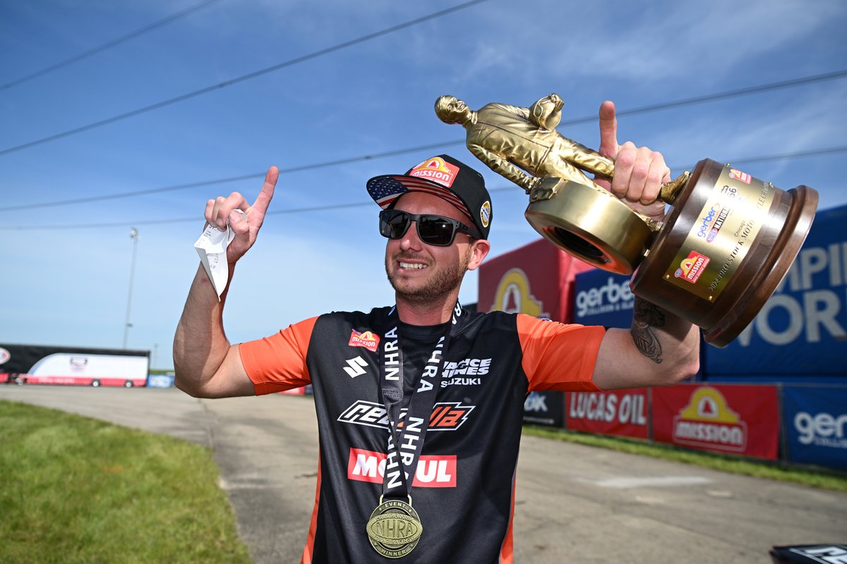 Gaige Herrera ties Dave Schultz with 8️⃣ consecutive Pro Stock Motorcycle wins! @gerbercollision #Route66Nats presented by @peakauto • @MissionFoodsUS