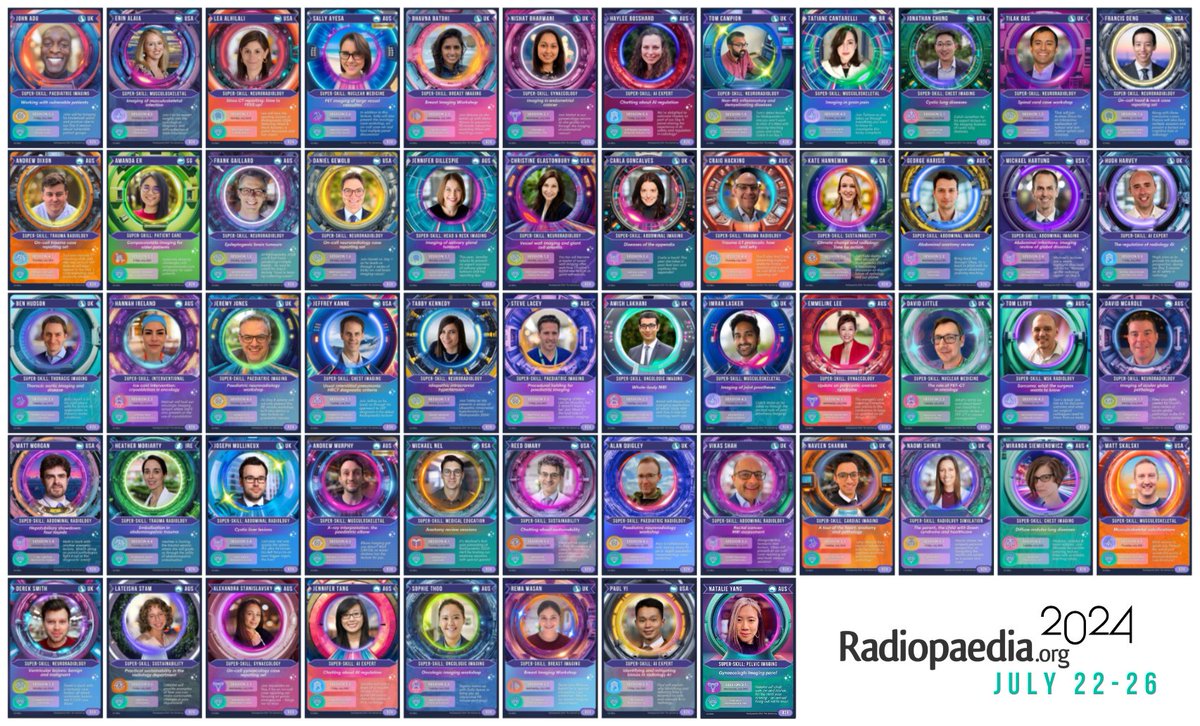 #Radiopaedia2024 Speaker Cards - catch 'em all! We can't wait for you to experience all the amazing lectures, interactive case sets and workshops that our 56 expert radiology speakers have in store for you this July 22-26 🩻 Our speakers: bit.ly/r24speakers