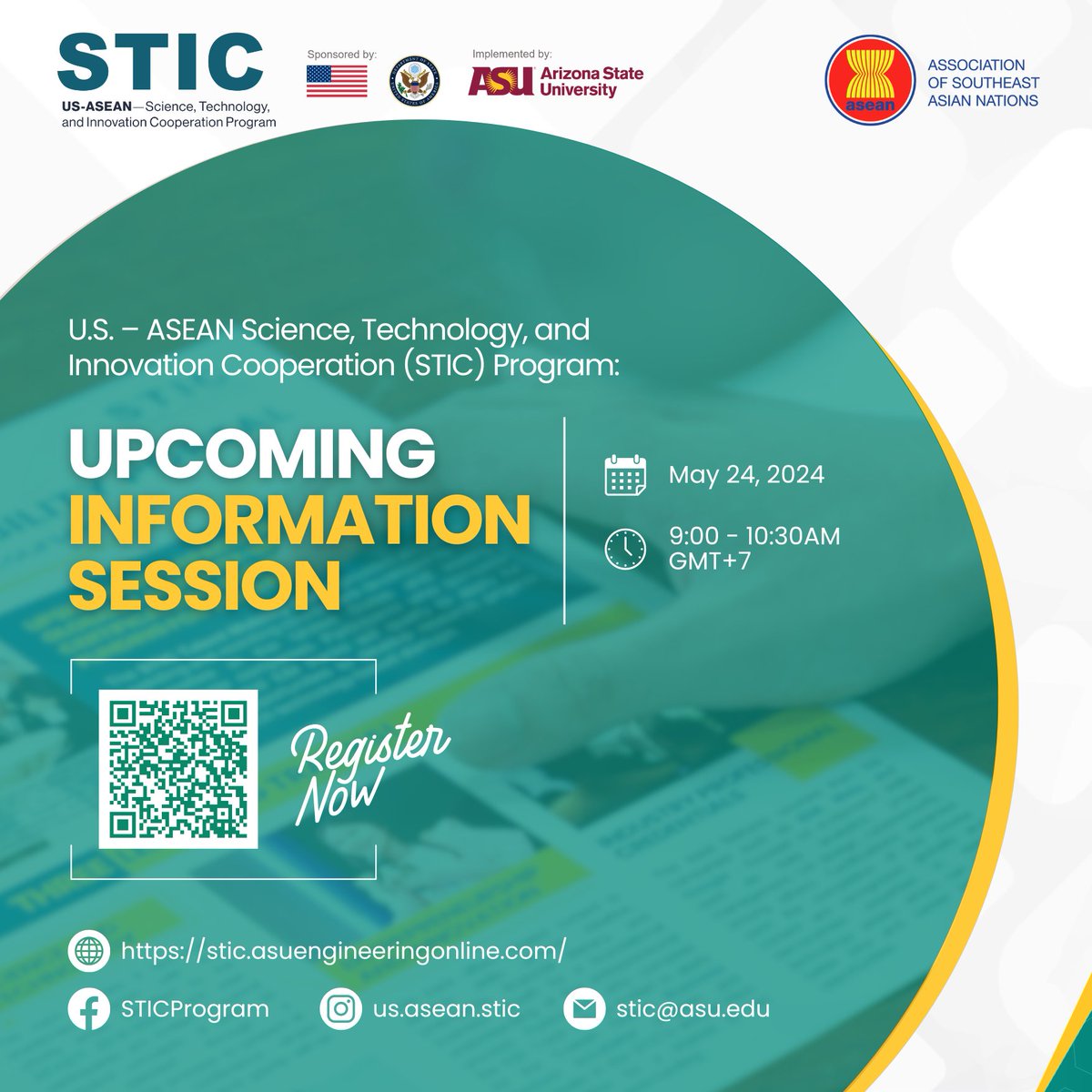 The U.S. – ASEAN Science, Technology, and Innovation Cooperation (STIC) Program is hosting an information-sharing session about its program and seed grants on May 24, 2024, from 9:00 - 10:30 AM (GMT+7). STIC's online-learning platform provides learning opportunities for all