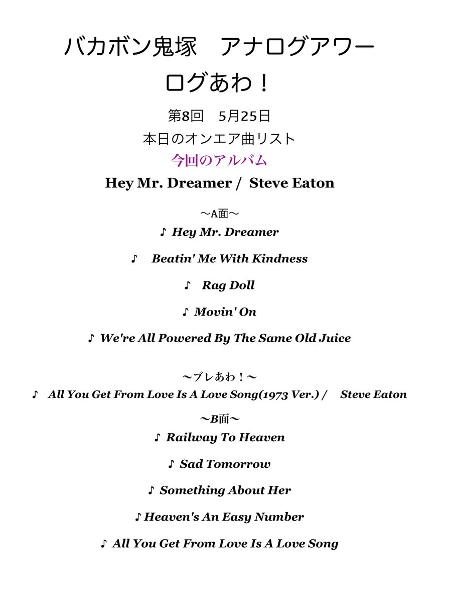 今夜もお聴きいただきありがとうございました🎵
今回、バカボンさんがオススメしたいシンガーソングライターのアルバムとして、
Steve Eaton「Hey Mr.Dreamer」をご紹介しましたがいかがでしたか？

来週の放送もお楽しみに🎵
#ログあわ #ラジオ日本 #radiko 

radiko.jp/share/?sid=JOR…