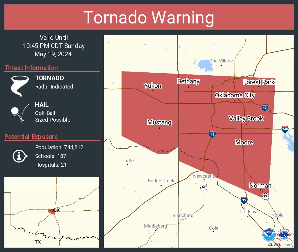 Tornado Warning including Oklahoma City OK, Norman OK and Moore OK until 10:45 PM CDT