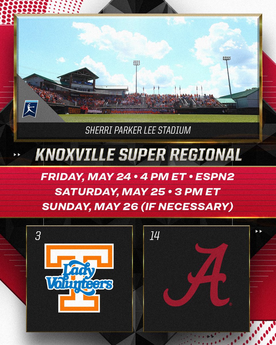 Knoxville Super Regional (3) @Vol_Softball 🆚 (14) @AlabamaSB #RoadToWCWS